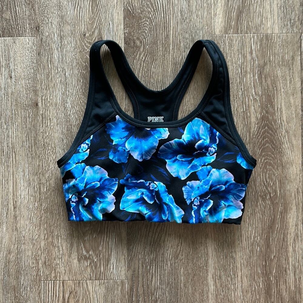 PINK‎ Ultimate Unlined Racerback Sports Bra Blue Floral Size Small